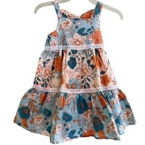 Haute Hippie Blue Orange Floral Swiss Dot Tiered Sleeveless Dress with Lace Trim